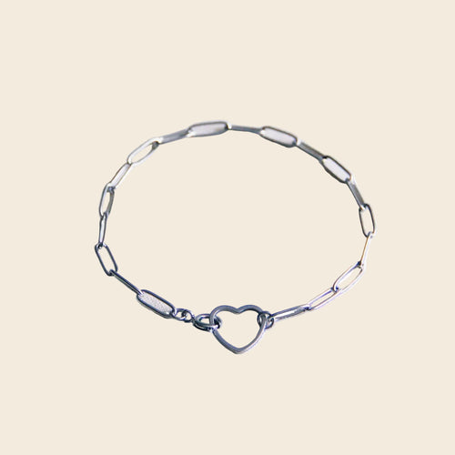 D-Chain Bracelet with Heart Lock - Silver